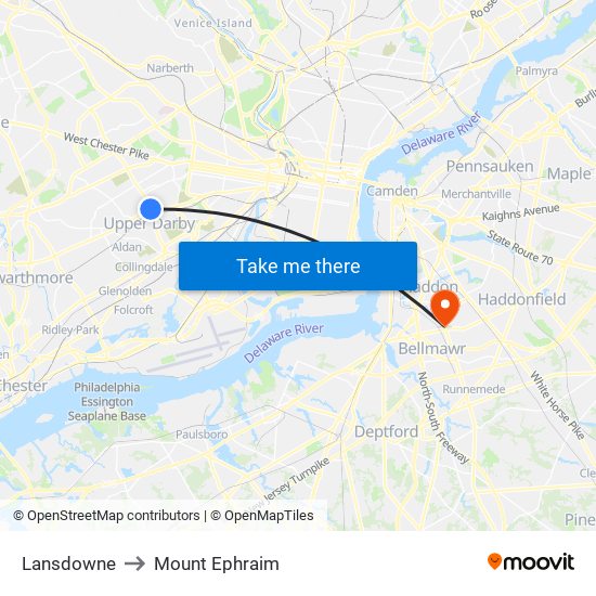 Lansdowne to Mount Ephraim map