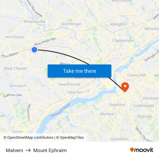 Malvern to Mount Ephraim map