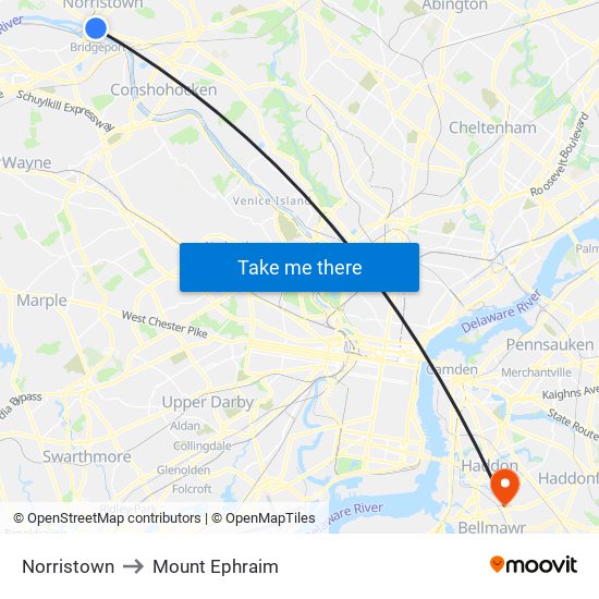 Norristown to Mount Ephraim map