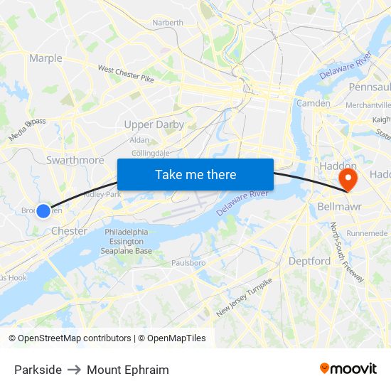 Parkside to Mount Ephraim map