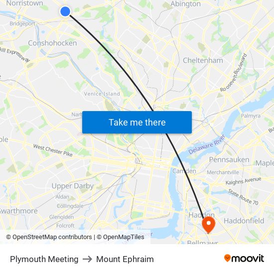 Plymouth Meeting to Mount Ephraim map