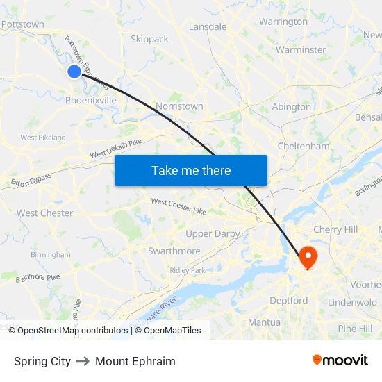 Spring City to Mount Ephraim map