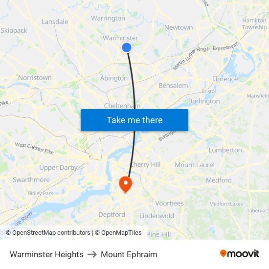 Warminster Heights to Mount Ephraim map