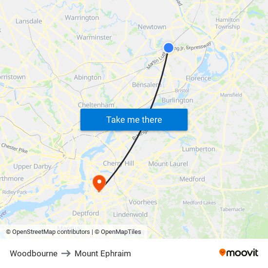 Woodbourne to Mount Ephraim map