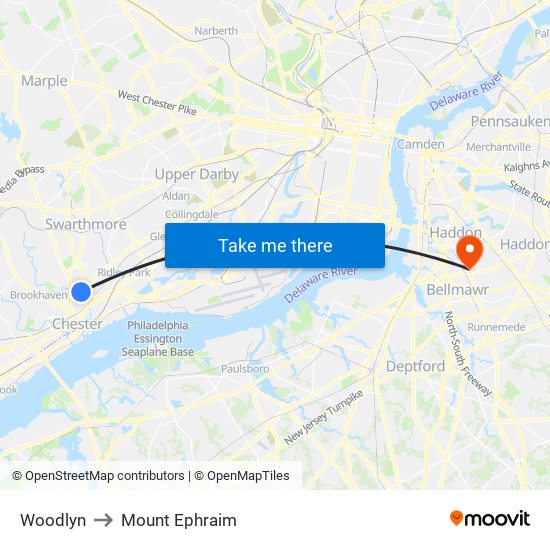 Woodlyn to Mount Ephraim map