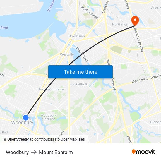 Woodbury to Mount Ephraim map