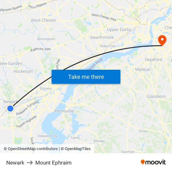 Newark to Mount Ephraim map