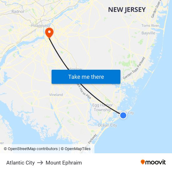 Atlantic City to Mount Ephraim map