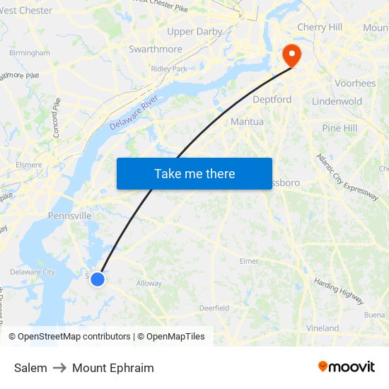 Salem to Mount Ephraim map