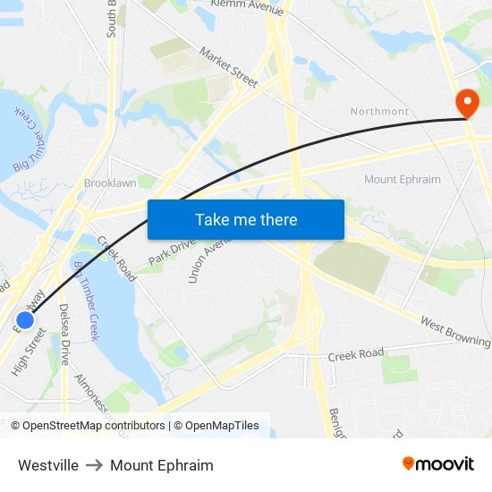 Westville to Mount Ephraim map