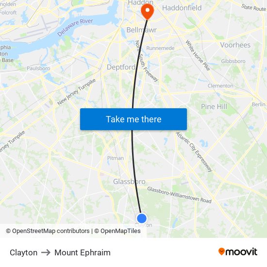 Clayton to Mount Ephraim map
