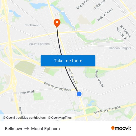 Bellmawr to Mount Ephraim map