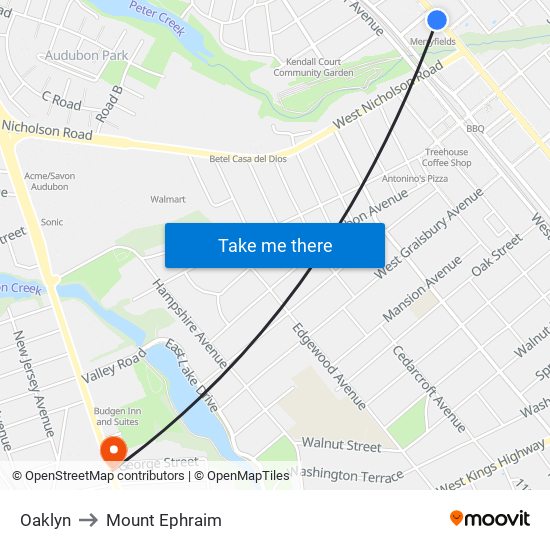 Oaklyn to Mount Ephraim map