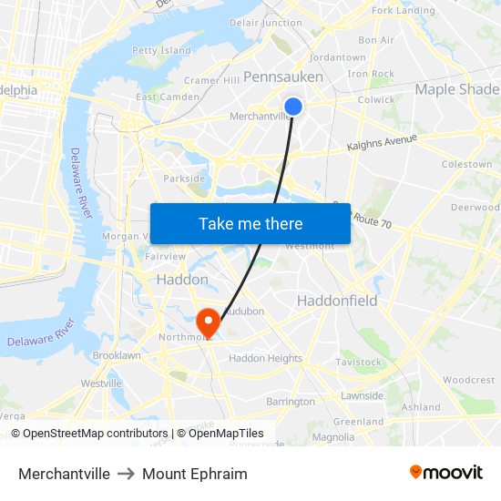 Merchantville to Mount Ephraim map