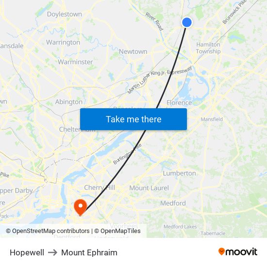 Hopewell to Mount Ephraim map