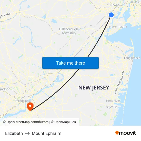 Elizabeth to Mount Ephraim map