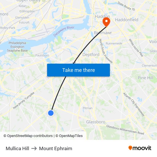 Mullica Hill to Mount Ephraim map