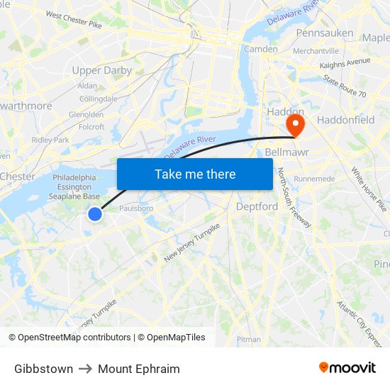 Gibbstown to Mount Ephraim map