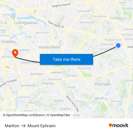 Marlton to Mount Ephraim map