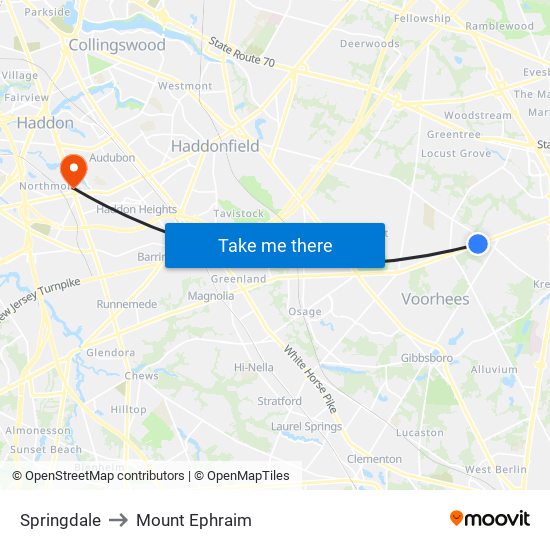 Springdale to Mount Ephraim map