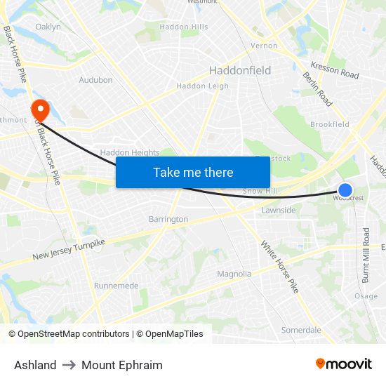 Ashland to Mount Ephraim map