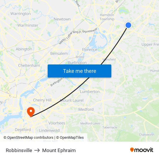 Robbinsville to Mount Ephraim map