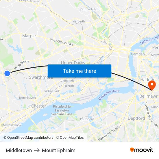 Middletown to Mount Ephraim map