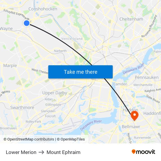 Lower Merion to Mount Ephraim map