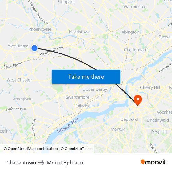 Charlestown to Mount Ephraim map