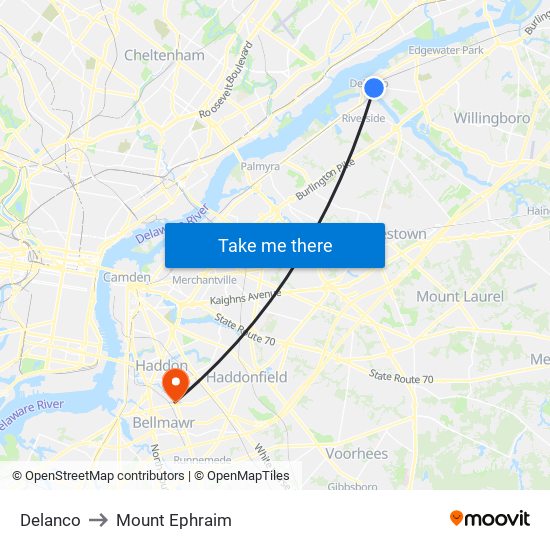 Delanco to Mount Ephraim map