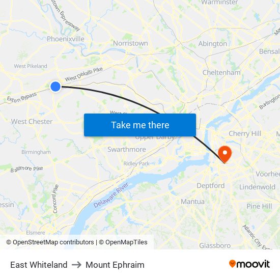 East Whiteland to Mount Ephraim map