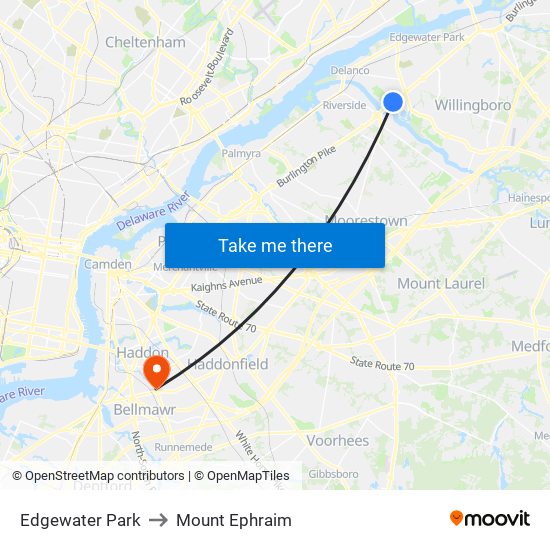 Edgewater Park to Mount Ephraim map