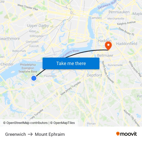 Greenwich to Mount Ephraim map