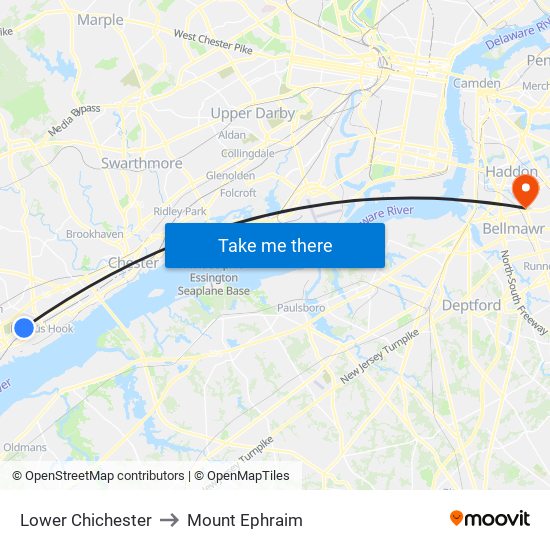 Lower Chichester to Mount Ephraim map