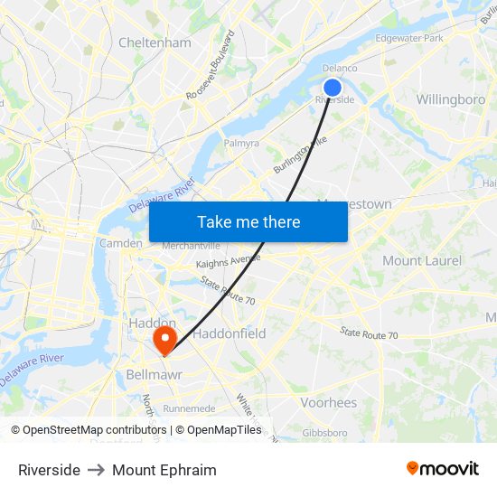 Riverside to Mount Ephraim map