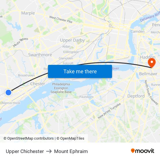 Upper Chichester to Mount Ephraim map