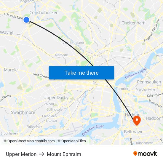 Upper Merion to Mount Ephraim map