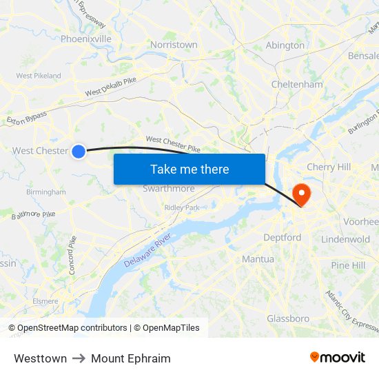 Westtown to Mount Ephraim map