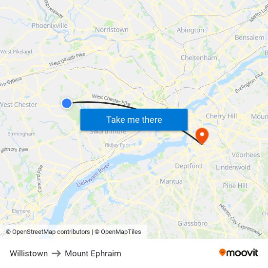 Willistown to Mount Ephraim map