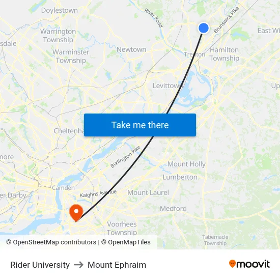 Rider University to Mount Ephraim map