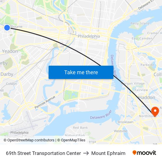 69th Street Transportation Center to Mount Ephraim map