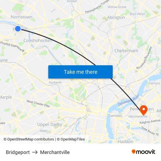 Bridgeport to Merchantville map