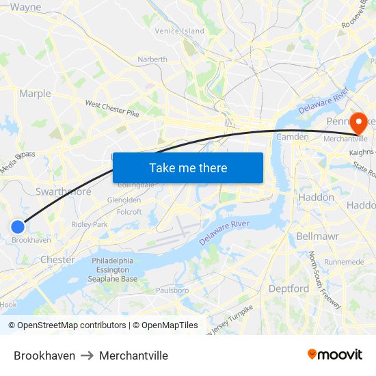 Brookhaven to Merchantville map