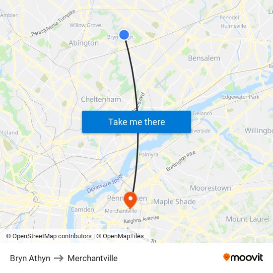 Bryn Athyn to Merchantville map