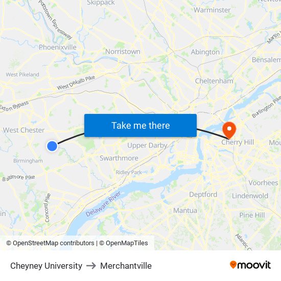 Cheyney University to Merchantville map