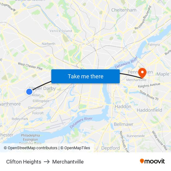 Clifton Heights to Merchantville map