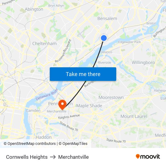 Cornwells Heights to Merchantville map