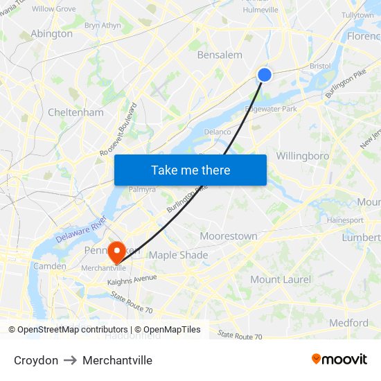 Croydon to Merchantville map