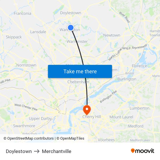 Doylestown to Merchantville map