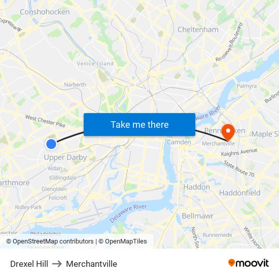 Drexel Hill to Merchantville map